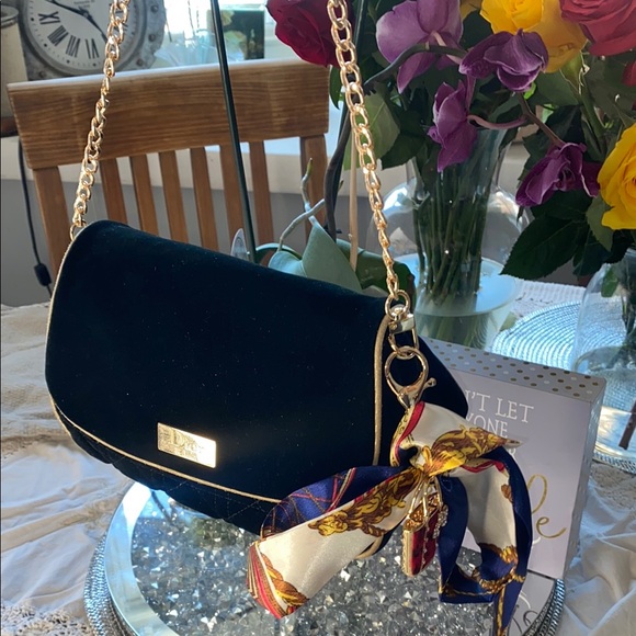 Dior perfume Black and Gold Clutch with Chain Accents and Designer Twilly